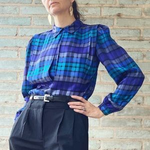 Vintage 80s Blouse Silky Satin Blue Black Plaid Pleated Secretary Dressy Top